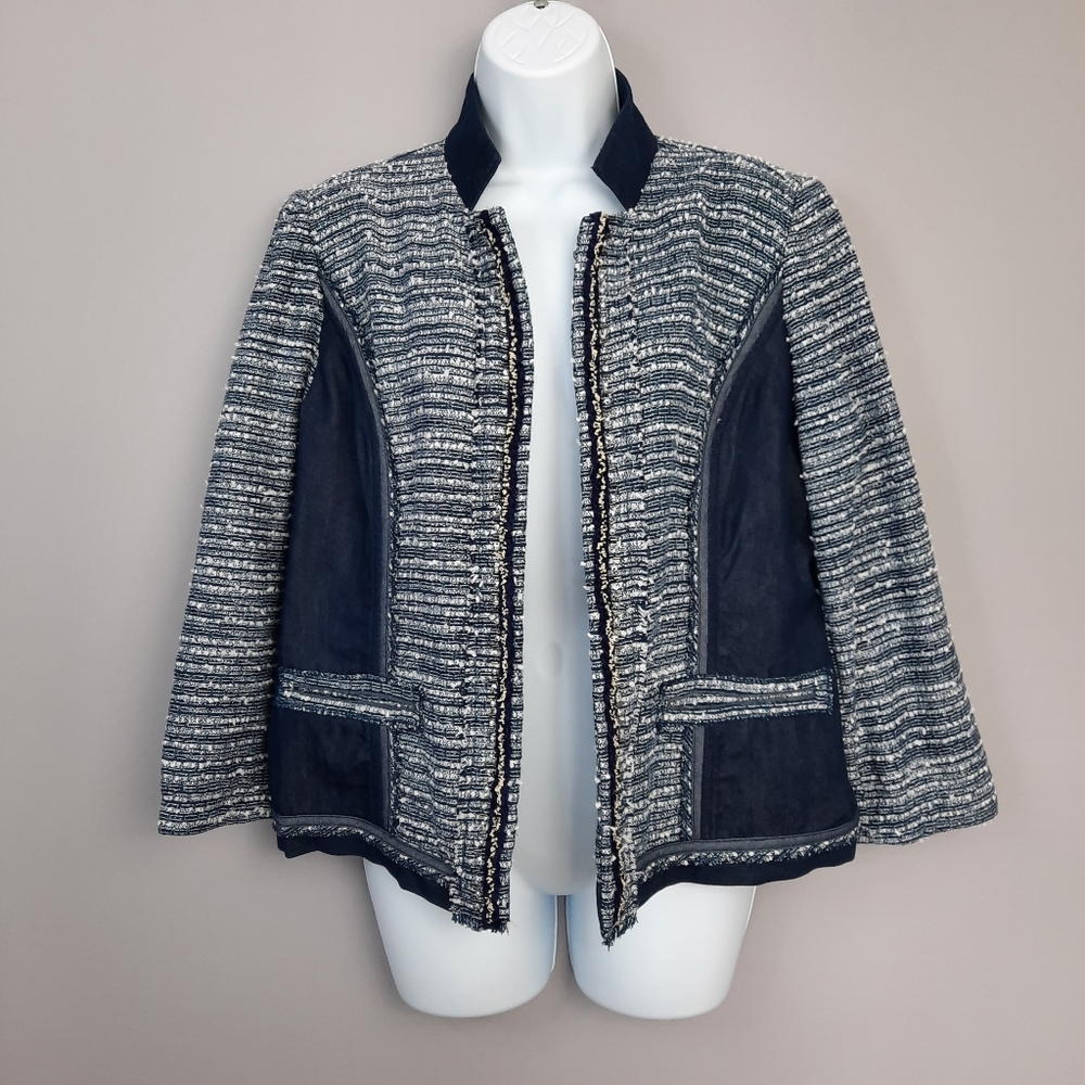 Chico's Navy Blue and White Tweed Open Front Fringe Trim Blazer size Medium
